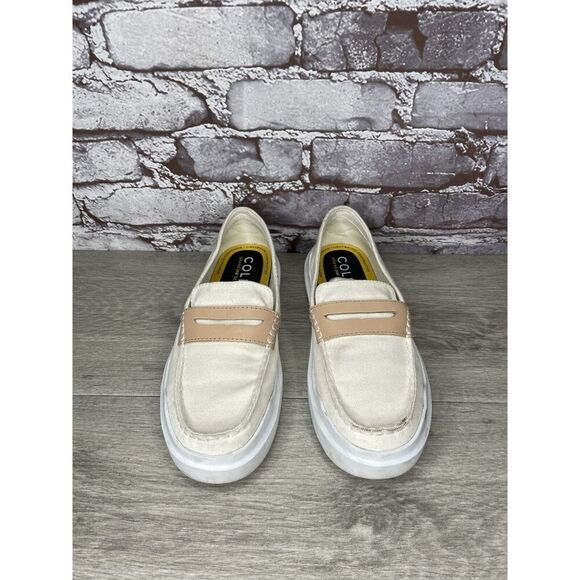 Cole Haan White Canvas Fabric Tan Penny Casual Slip On Shoes Women 6.5M US/37EU - Picture 13 of 16